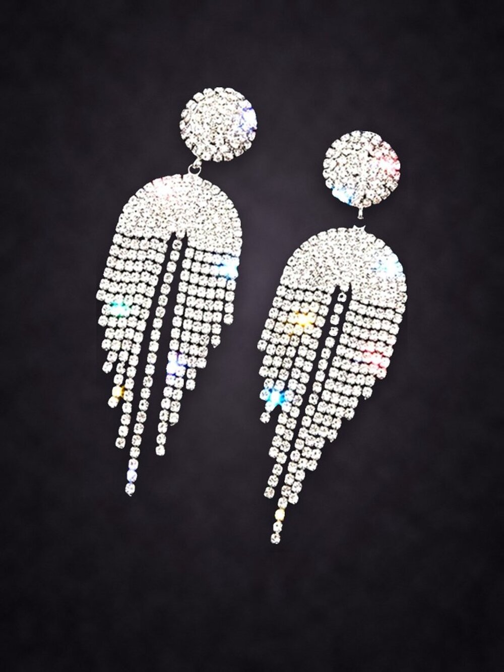 Silver Tone Rhinestone Fringe Tassel Statement Earrings, Long Crystal Drops NWT